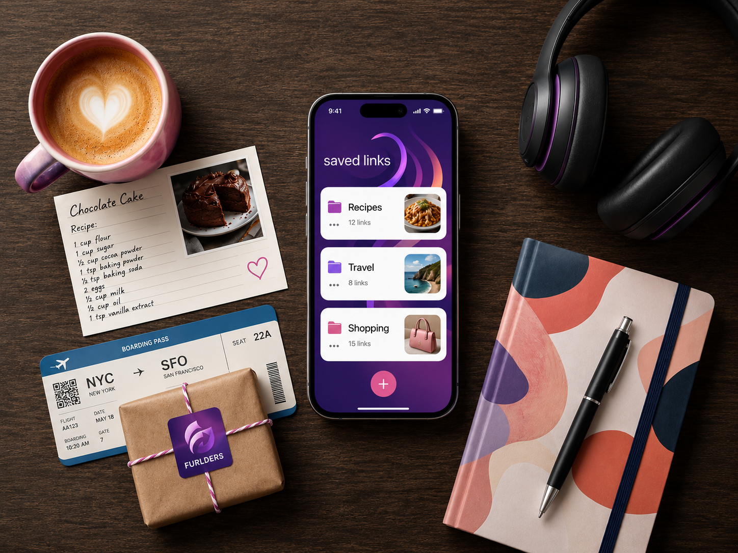 A phone showing saved link folders surrounded by coffee, recipes, travel plans, gifts, headphones, and a notebook